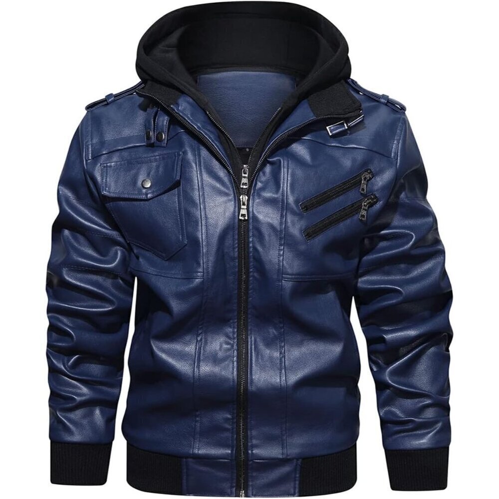 🆕Men’s Navy Blue Stand Collar PU Faux Leather Bomber Jacket a Removable Hood